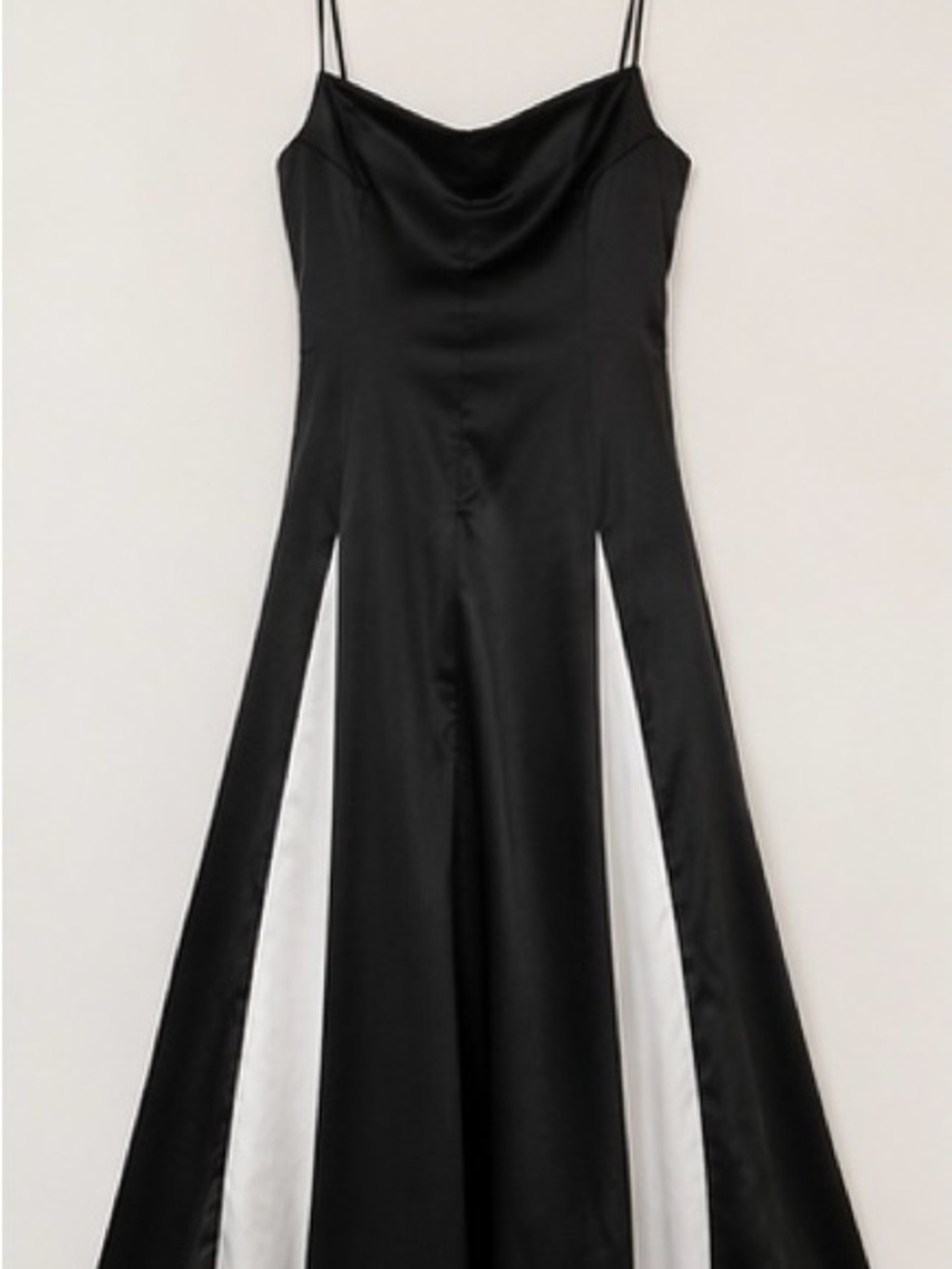 Black Satin Cowl Neck Spaghetti Strap Dress with White Inset Panels